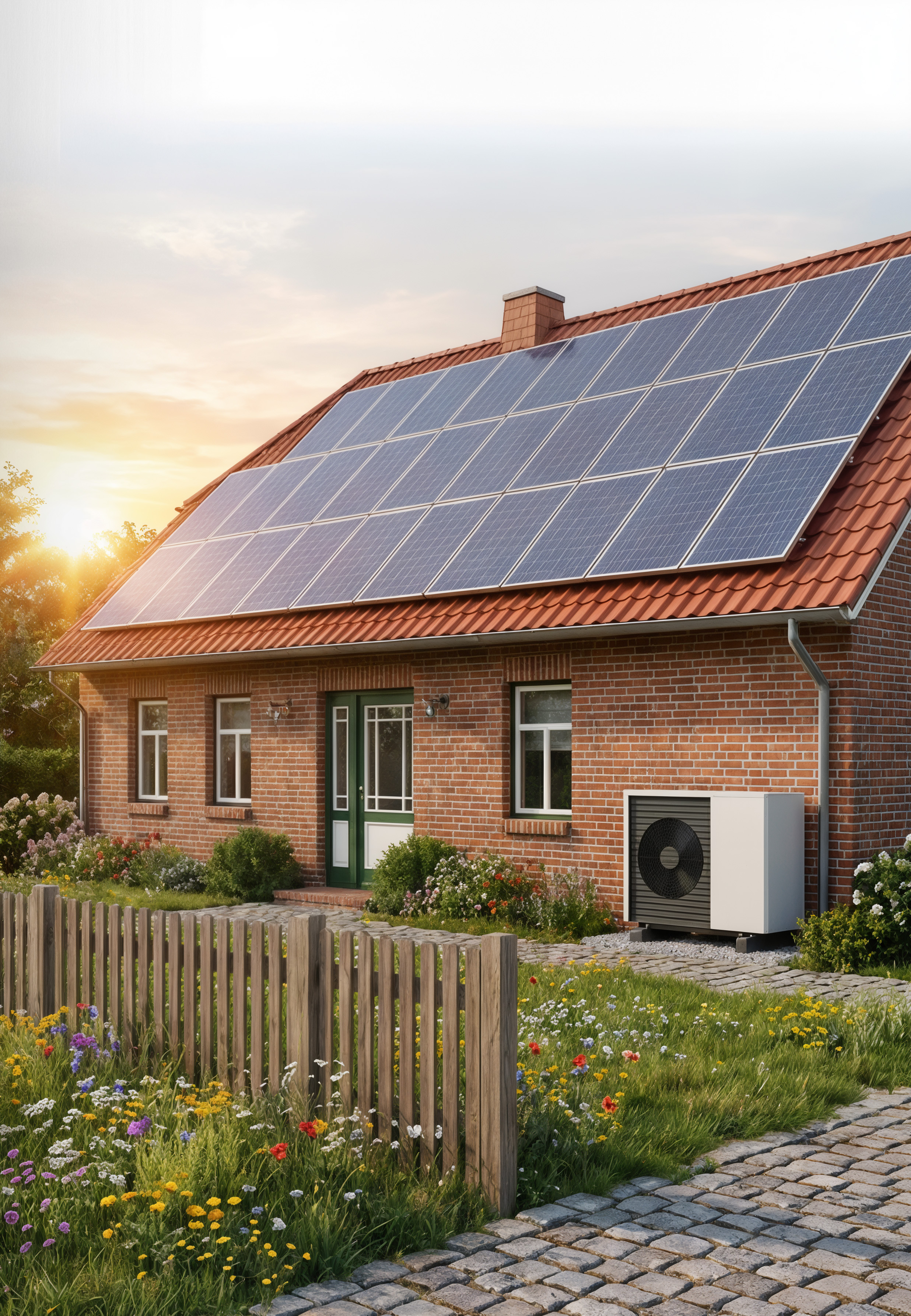 Einfamilienhaus mit moderner Wärmepumpe und Photovoltaikanlage auf dem Dach